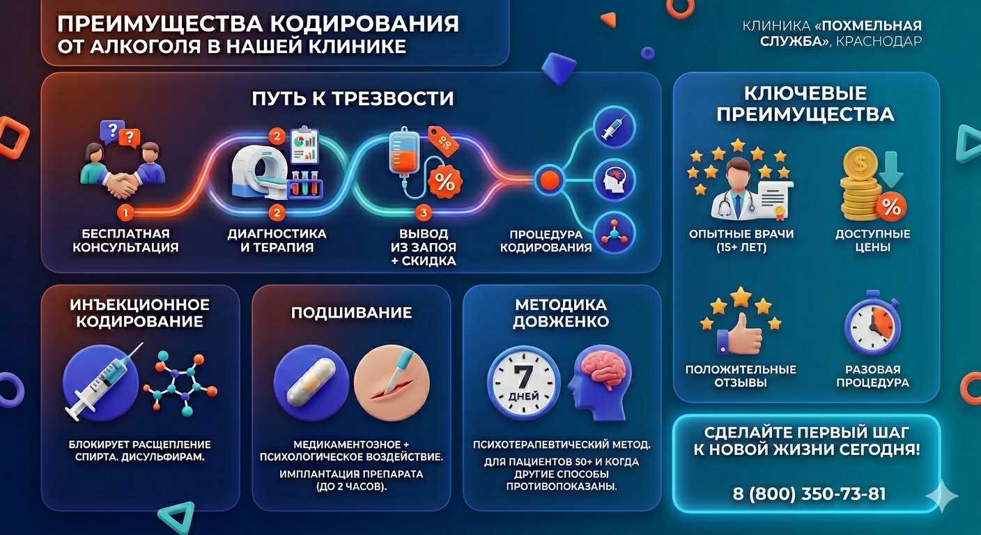 Инфографика о методах кодирования от алкоголя в Ульяновке: инъекции, подшивание, метод Довженко. Преимущества клиники и этапы лечения.